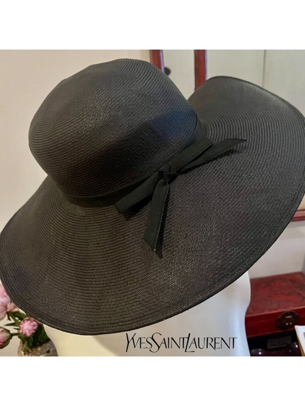 Rare, archival 1970s Yves Saint Laurent womens black wide brim straw sun hat